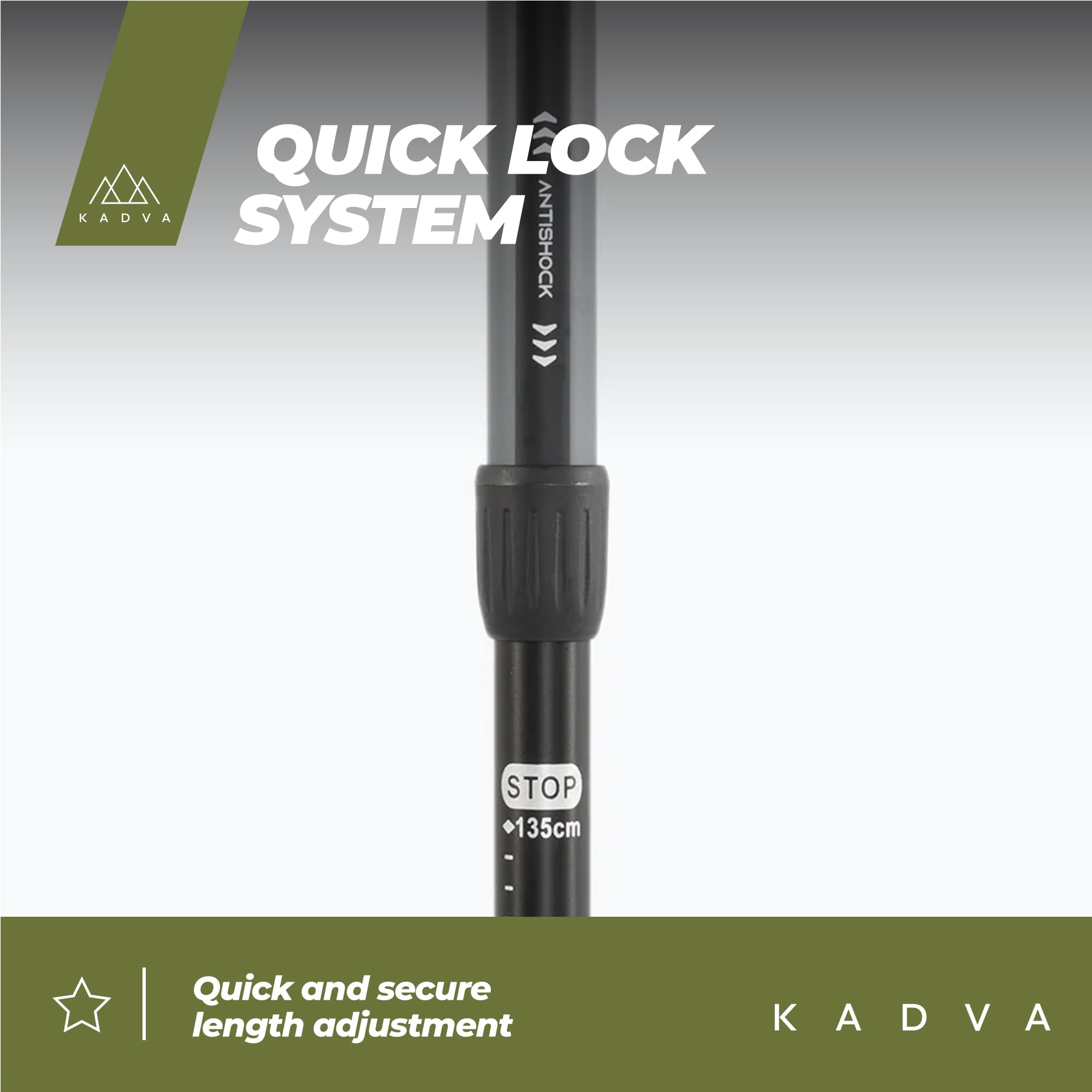 KADVA Bastones de Trekking Torre en Color Gris, tamaño Ajustable 65-135 cm, Mango de Polipropileno y Espuma EVA para Mayor Comodidad al Usuario, Bastones de Aluminio, robustos y Resistentes a los