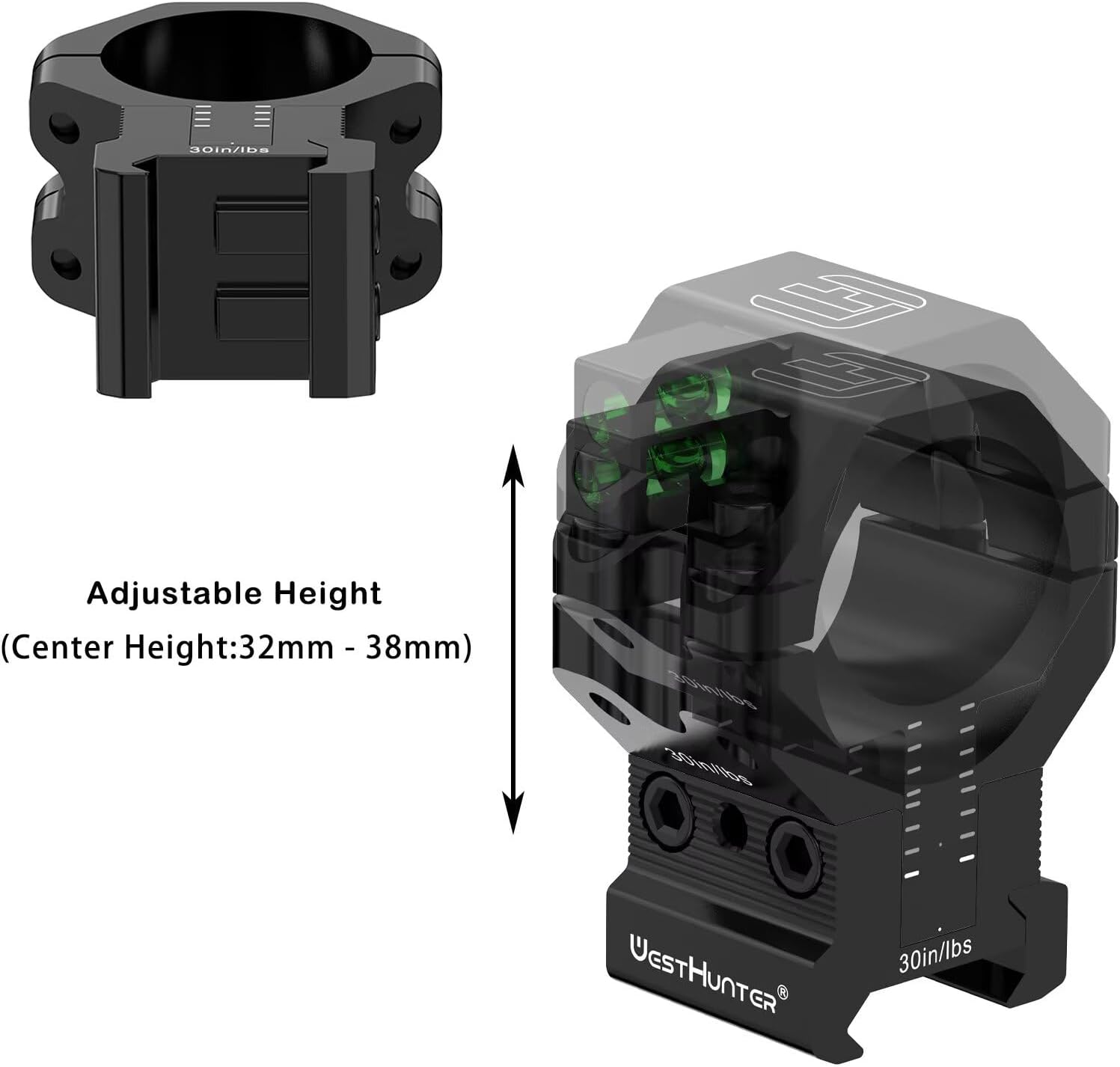 WestHunter Optics Precision Picatinny Scope Rings with 120 MOA Adjustment, 1 Inch 30mm 34mm Tube Adjustable Height Scope Mount with Bubble Level