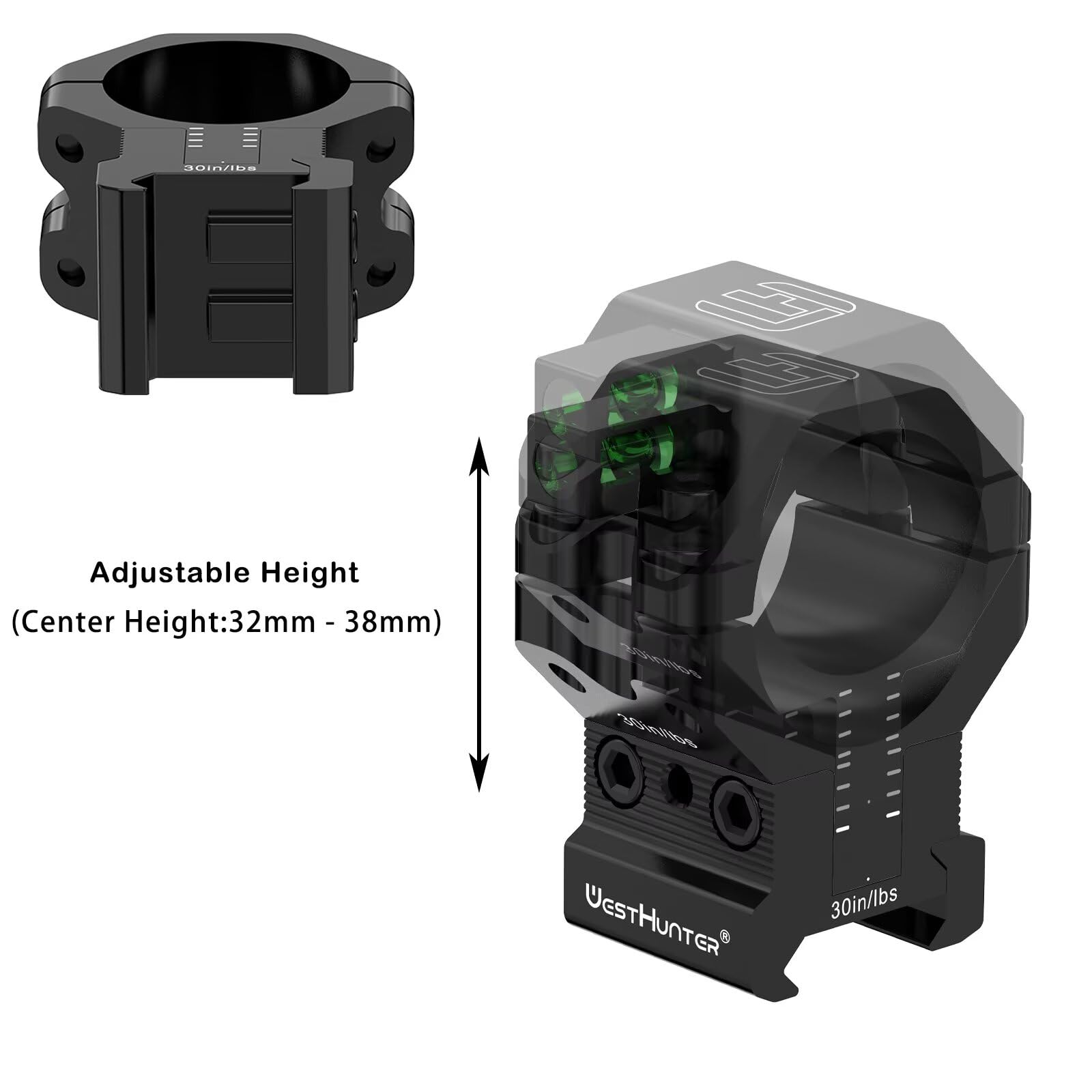 WestHunter Optics Montages de lunette de visée de précision pour Picatinny avec plage de réglage de 120 MOA, montage réglable en hauteur pour tube central de 1", 30 mm/34 mm, niveau à bulle inclus