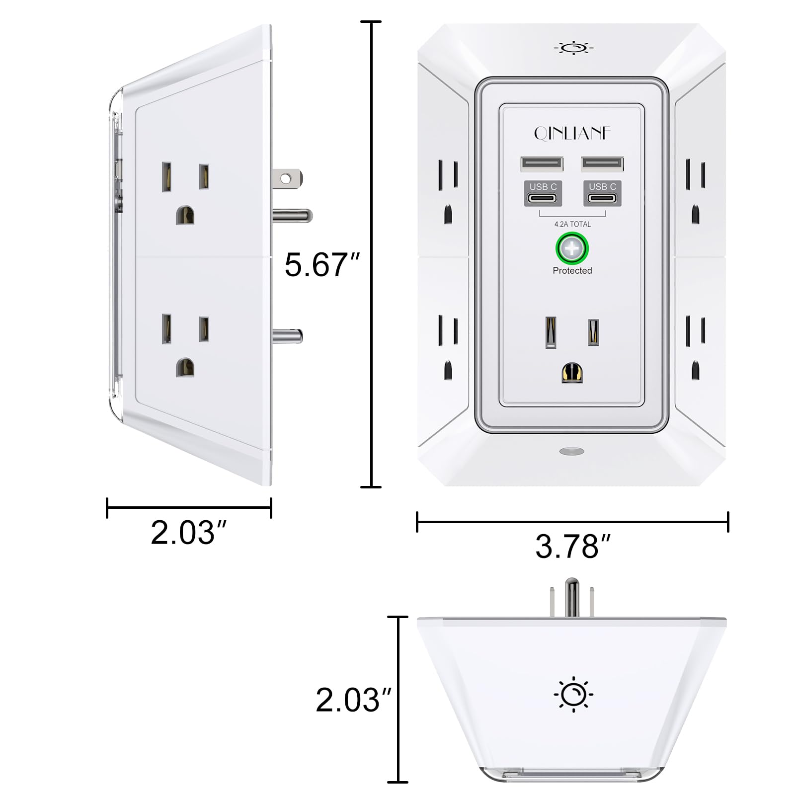 3-seitige Überspannungsschutz-Steckdosenleiste – QINLIANF Mehrfachsteckdose mit 5 Steckdosenverlängerungen und 4 USB-Ports (2 USB-C) und Nachtlicht, USB-Wandladegerät für Zuhause, Büro, Reisen