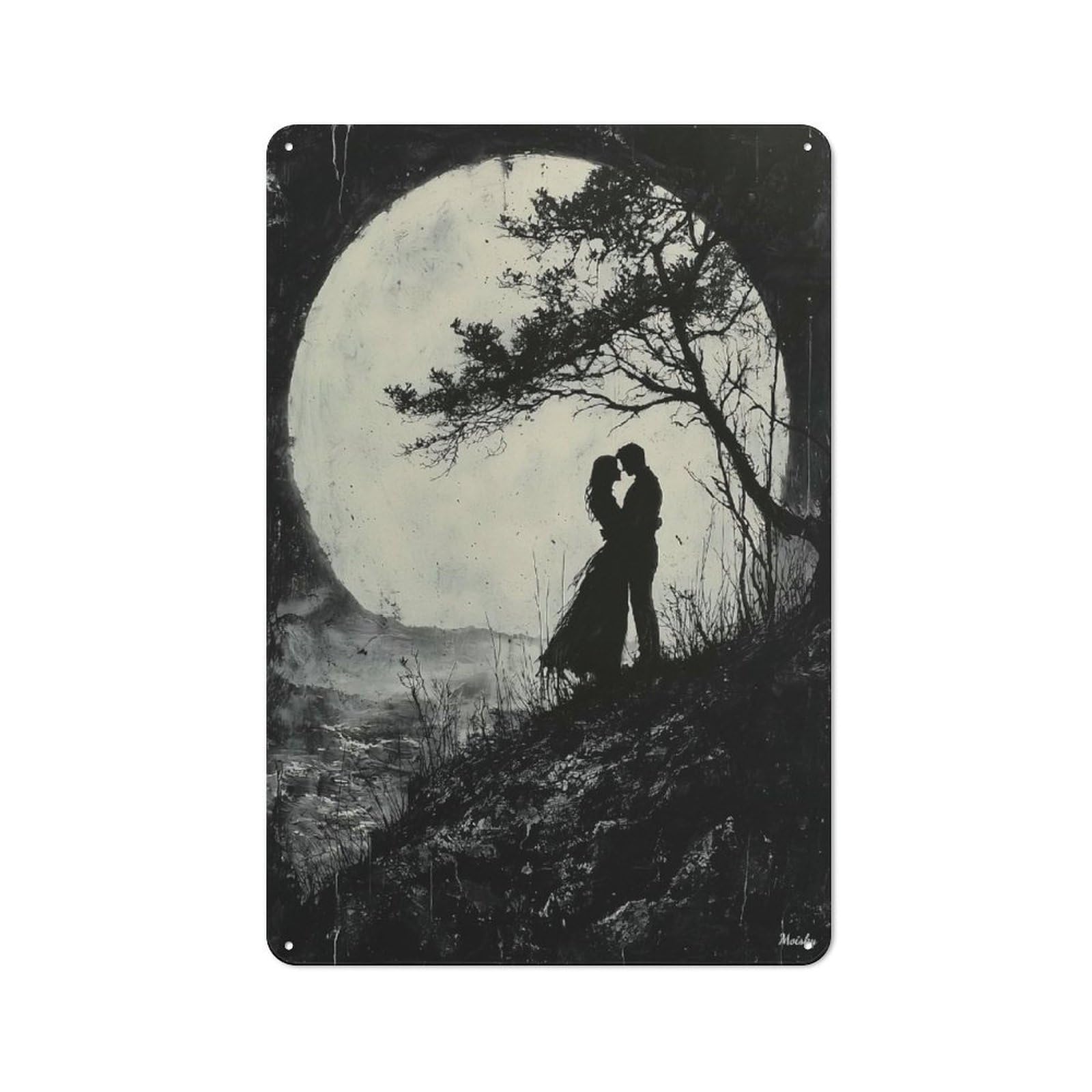 Junmoney Romantic Moonlit Embrace - Charcoal Style Retro Metal Sign 30X20cm Featuring For Bar Or Restaurant, For Bar Decor Enthusiasts