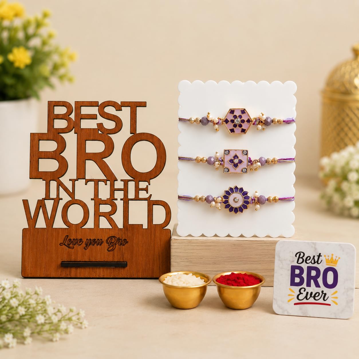 ecraftindia Rakhi Gift Set for Brother with 3 Designer Purple Rakhis, Best Bro Wooden Showpiece Stand, Best Bro Ever Fridge Magnet, Roli Chawal | Raksha Bandhan Gift Combo for Bhai