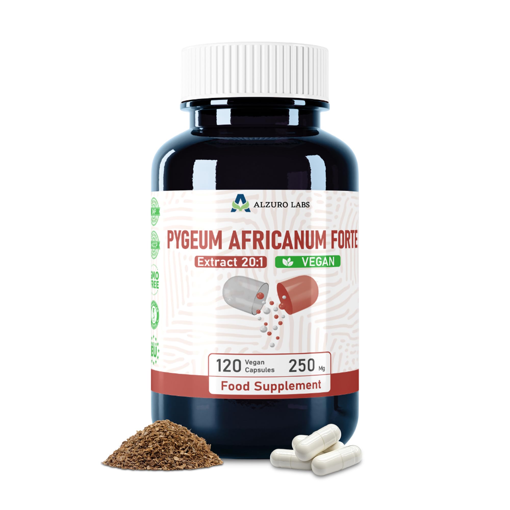 Pygeum africanum | 5.000 mg Äquivalent | 250 mg 20:1 Rinden-Extrakt (13% Phytosterole) | 120 vegane Kapseln | 4-Monats-Vorrat | Prunus africana | GMP & Laborgeprüft