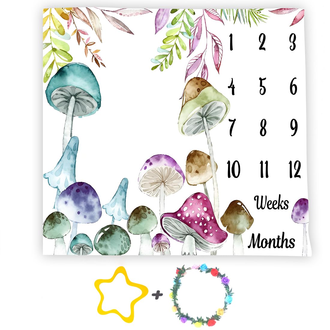 Mushroom Theme Baby Monthly Milestone Blanket, Watercolor Colorful, 48x40in