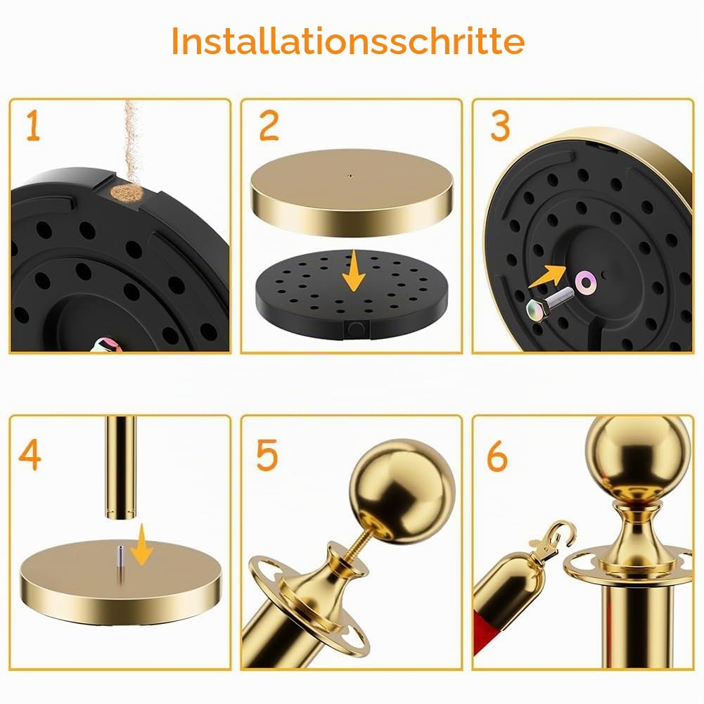 Premium Absperrstab mit Seil - Robuster Crowd Control Bandstab für Warteschlangen, Events & Ladenmanagement, Set mit 5 ft/1.5 m rotem Samt Seil (6)