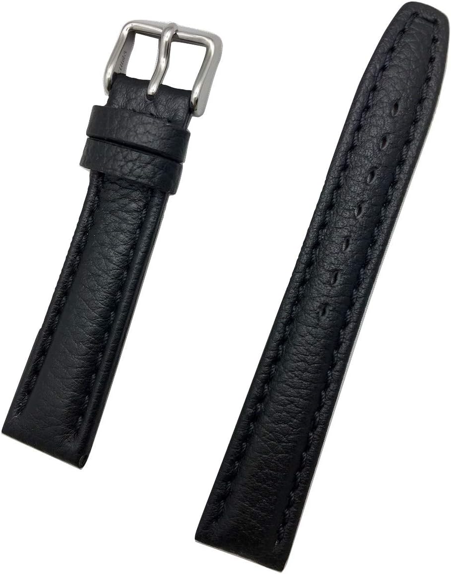 NewLife 18mm Black Genuine Leather Watchband | Matte, Shrunken Grained, Medium Padded Replacement Wrist Watchstrap with Thick Threads that Brings to Any Watch (Mens Standard Length)