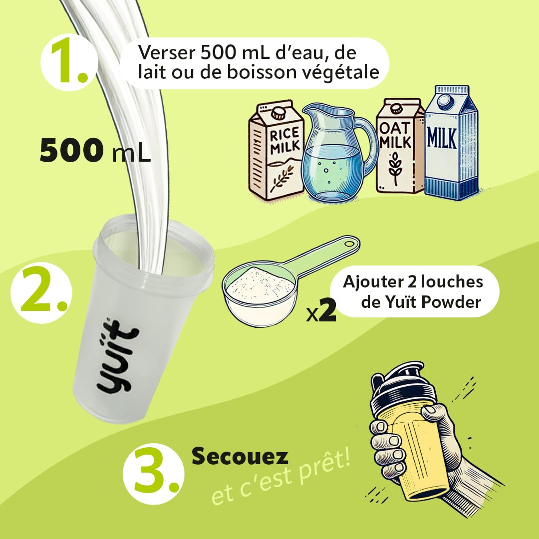YUÏT - Substitut de repas - Shake protéiné - 35g de protéines en poudre + Probiotiques - Aliment 100% naturel - Shake diététique rassasiant - Supplément vitamines, minéraux - (Vainilla- 1kg + SHAKER)