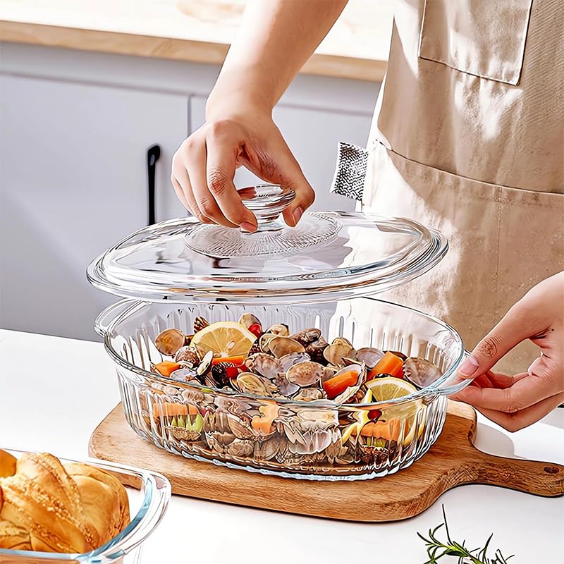 Avastro 1.5L Oven Safe Modern Home Party Kitchen Oval Transparent Glass Casserole Bowl Baking Warming Food Hot Serving Dishes with Lids Pack of 1