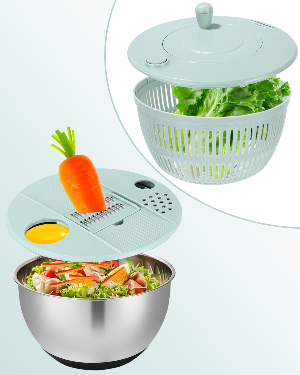 Centrifugadora de Ensalada de Inoxidable, Centrifugadora de Ensalada de 5L, Grande Centrifugador de Ensaladas, Base Antideslizante, 6 Accesorios,Apta para Lavavajillas, Escurridor Verduras