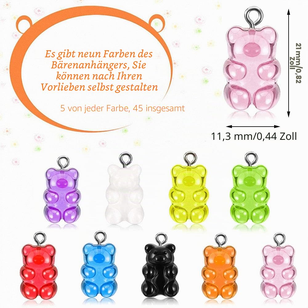 chenyu 45 Stück Bären Anhänger Farbverlauf Candy Rubber Charms Bär für DIY Making / 9 Farben