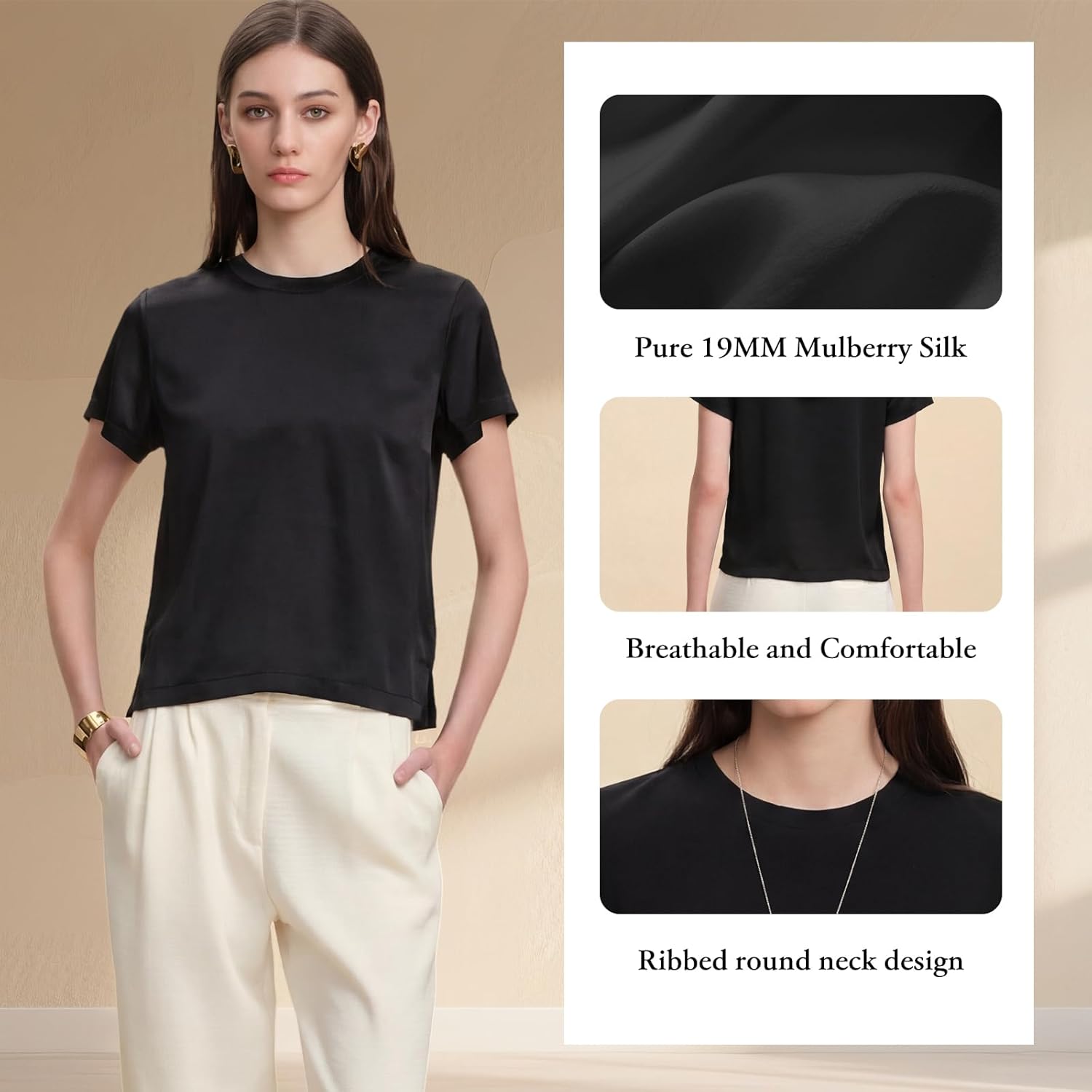 Women 100% Silk Tee Shirts Short Sleeve Striped T-Shirt Summer Business Casual Mulberry Silk Tshirts Crewneck Tops - Image 4