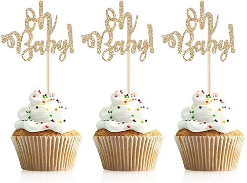 48 piezas de purpurina Oh Baby Cupcake Topper Picks para baby shower, fiesta, decoración de pasteles