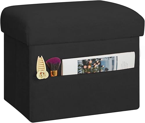 Miniatura 10 de Cubo otomano de almacenamiento, otomana pequeña con almacenamiento con asiento acolchado peludo más grueso, taburete reposapiés plegable de piel