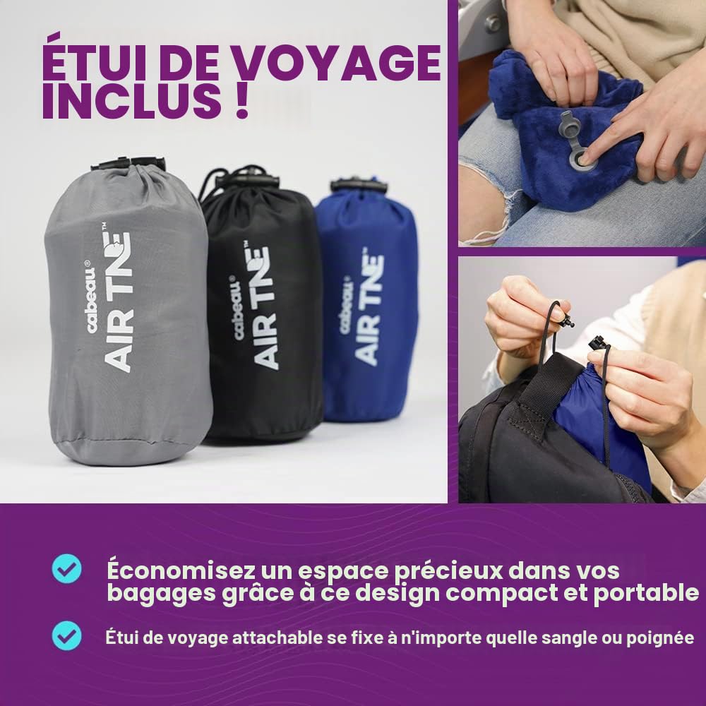 Cabeau Oreiller de voyage gonflable – Air TNE – Réglable, léger et offrant un bon maintien pour dormir dans les avions, les trains et les voitures – Ajustement personnalisé et étui de transport