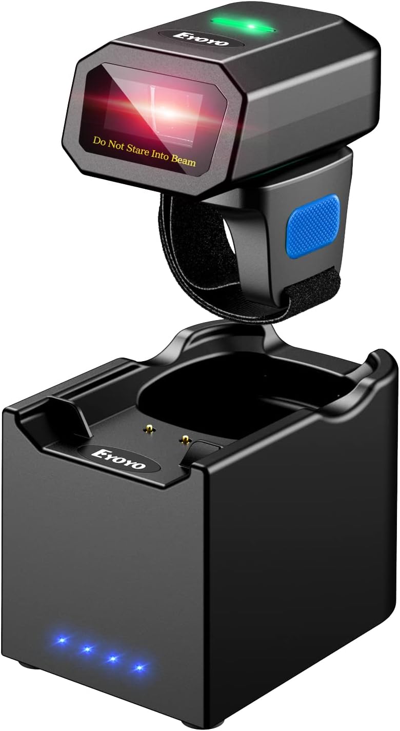 Eyoyo 2D Bluetooth Ring Barcode Scanner with Wireless Charging Dock,Left & Right-Handed Use, Wearable 1D QR Finger Hands Free Inventory Bar Code Reader Compatible for Tablet iPhone Android iOS PC
