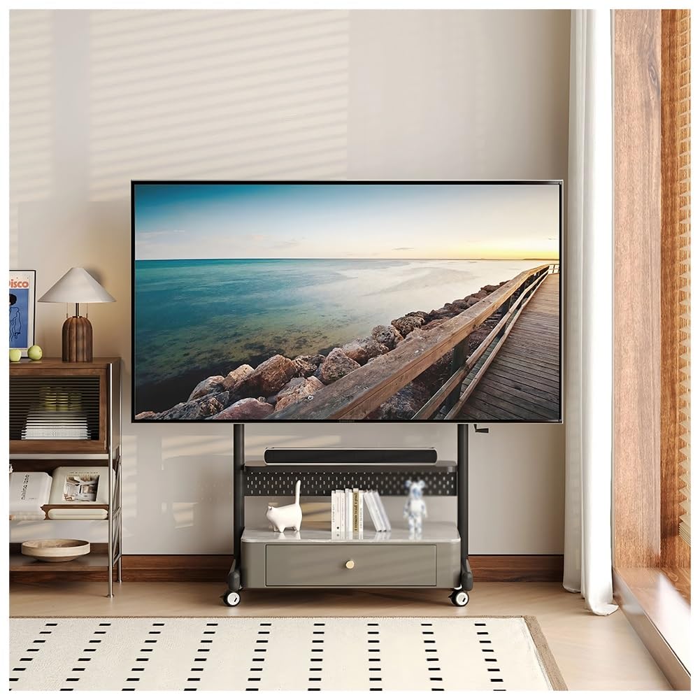 JKJZSALJ Height Adjustable Mobile Tv Stand With Wheels,Rolling Tv Cart With Storage Drawer & Cabinet,Floor Tv Mount With Pegboard For 40-90 Inch Tvs,Grey,85x48x120 cm
