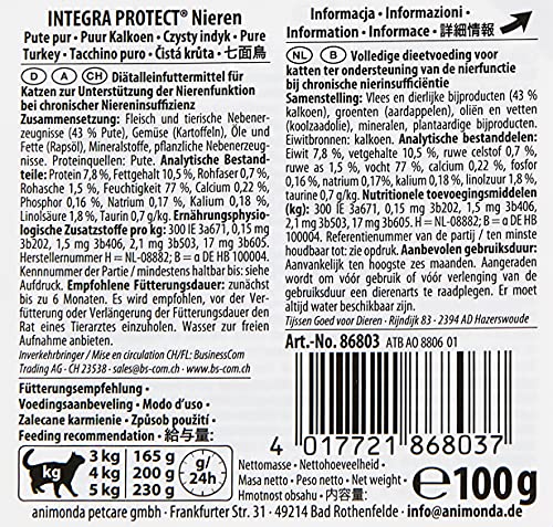 animonda INTEGRA PROTECT Katzenfutter nass Renal (Nieren) Pute pur (16 x 100g), vom Tierarzt empfohlen bei Niereninsuffizienz, mit Veterinären entwickeltes Diätalleinfutter für erwachsene Katzen
