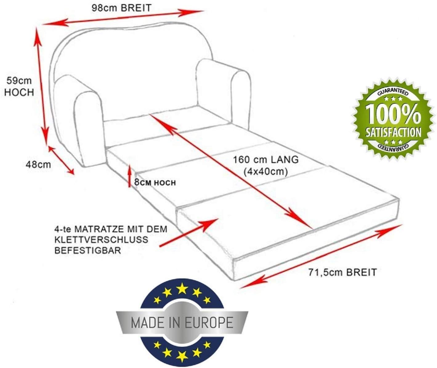 Kindersofa Schlafsofa mit Bettfunktion AC1 Grau Sterne mit Hocker OEKO-TEX