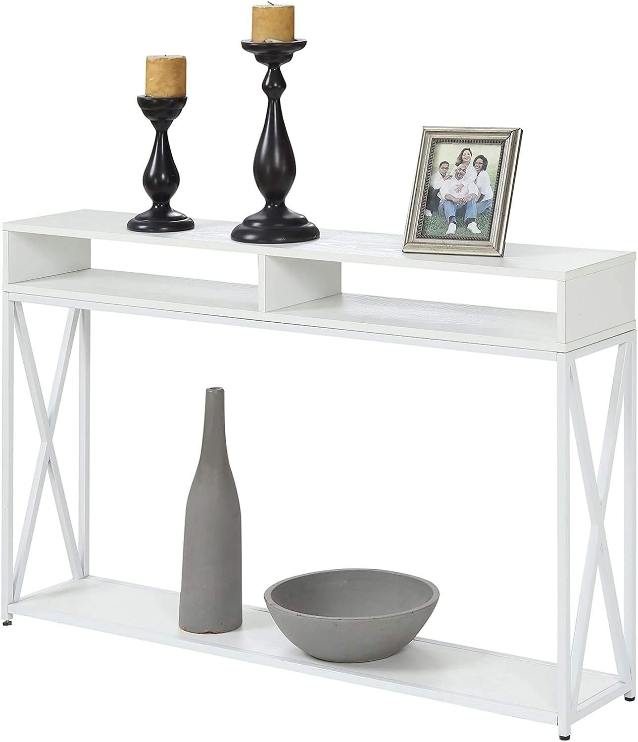 Tucson Deluxe 2-Tier White Metal & Wood Console Table with Storage
