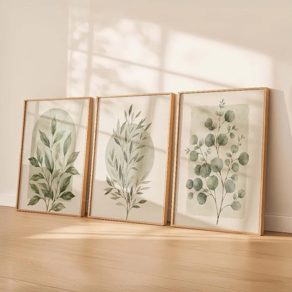 LTjiajuypd Quadro con pianta verde salvia, poster giapponese semplice con foglie neutre per soggiorno, decorazione per la casa (60x85 cm - 3 pezzi)