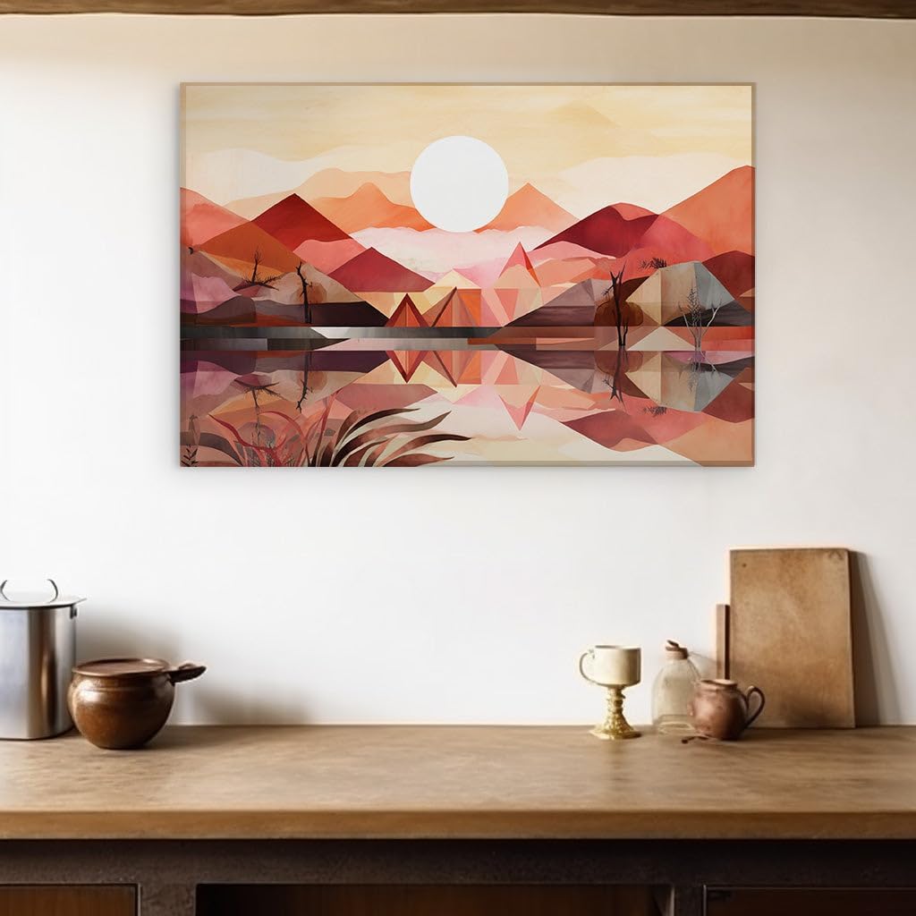 Canvas for Living room. Whispering Peaks � A Serene Sunset Embrace Over Mountain and Moonlit Lake, 27 x 18 inch Canvas Wall Art - Surrealistic Visions - Modern Home Decor - 69x46 cm (27x18 inch)