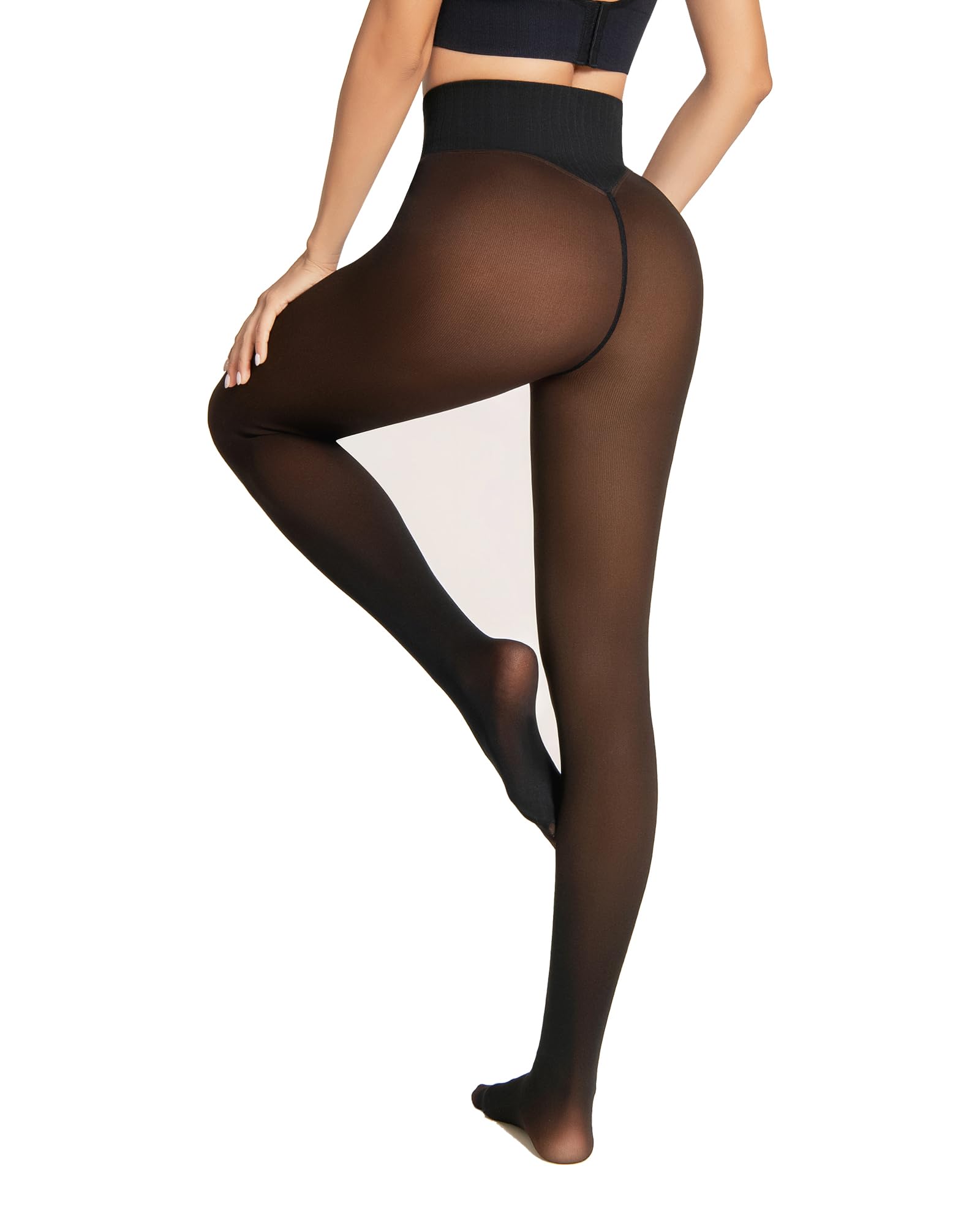 Oufali Women's Cocoa One-Seam Fleece Lined Tights For Fake Sheer Thermal Leggings With Tummy Control & Butt Lifting Design, Xxl-3Xl