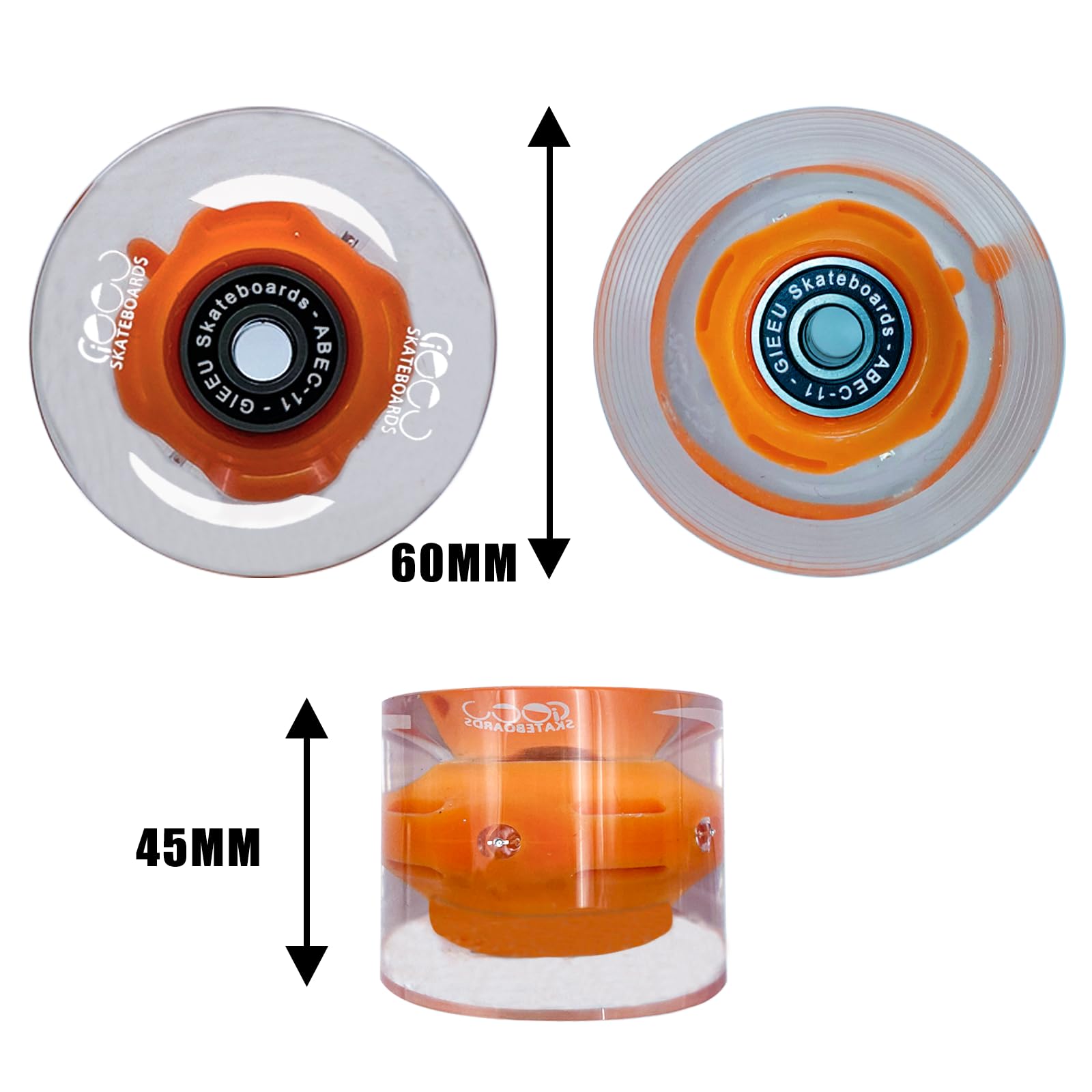 Roues de Skateboard 60mm Lumineuses 80A pour Longboard et Rue - Transparent, Lot de 4 (wh-Orange-T)