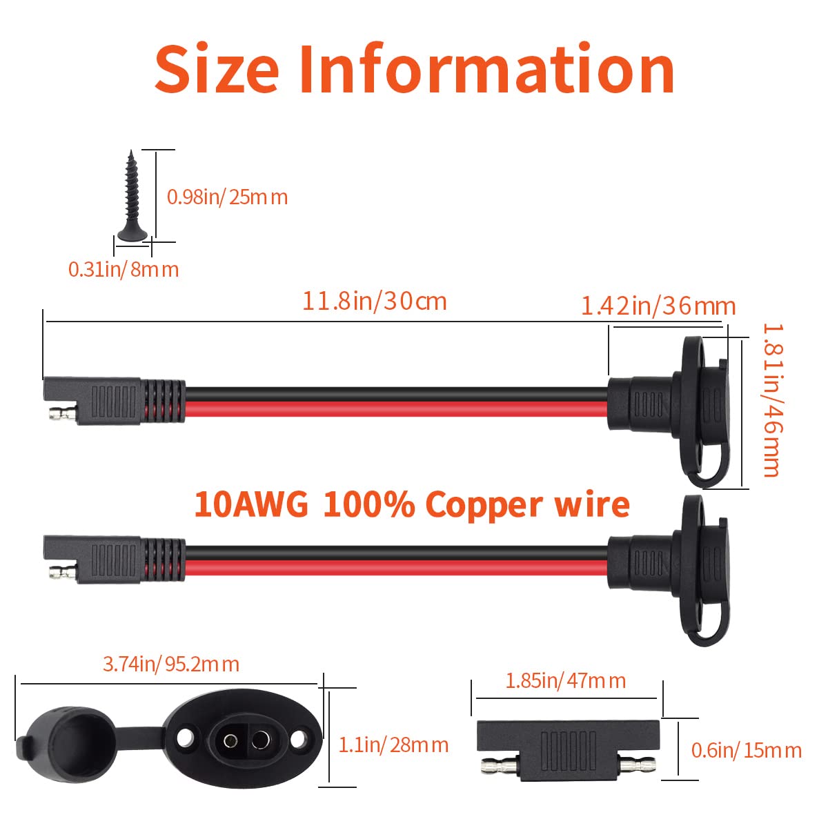 Ygdyxautoc 2-Pack 1FT Pure Copper SAE Connector 10AWG SAE Power Socket Sidewall Port Waterproof Battery Connector Mount Universal Flush Mount Adapter for Solar Panel Generator Battery Charger