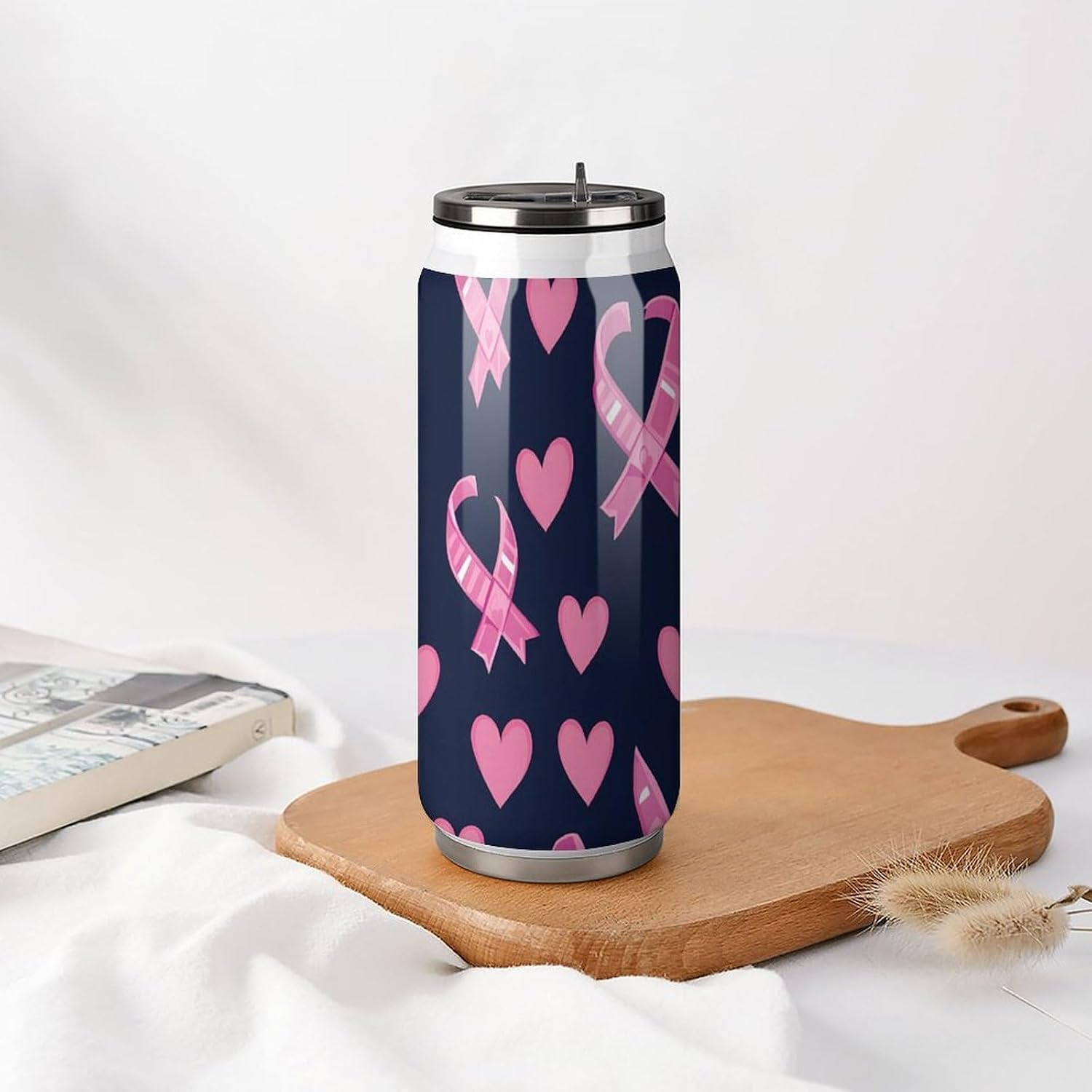 Breast Cancer Awareness Ribbons Portable Cola Can Shaped Insulated Tumbler with Sippy Cup Lid for Hard Seltzer Beer Drinks