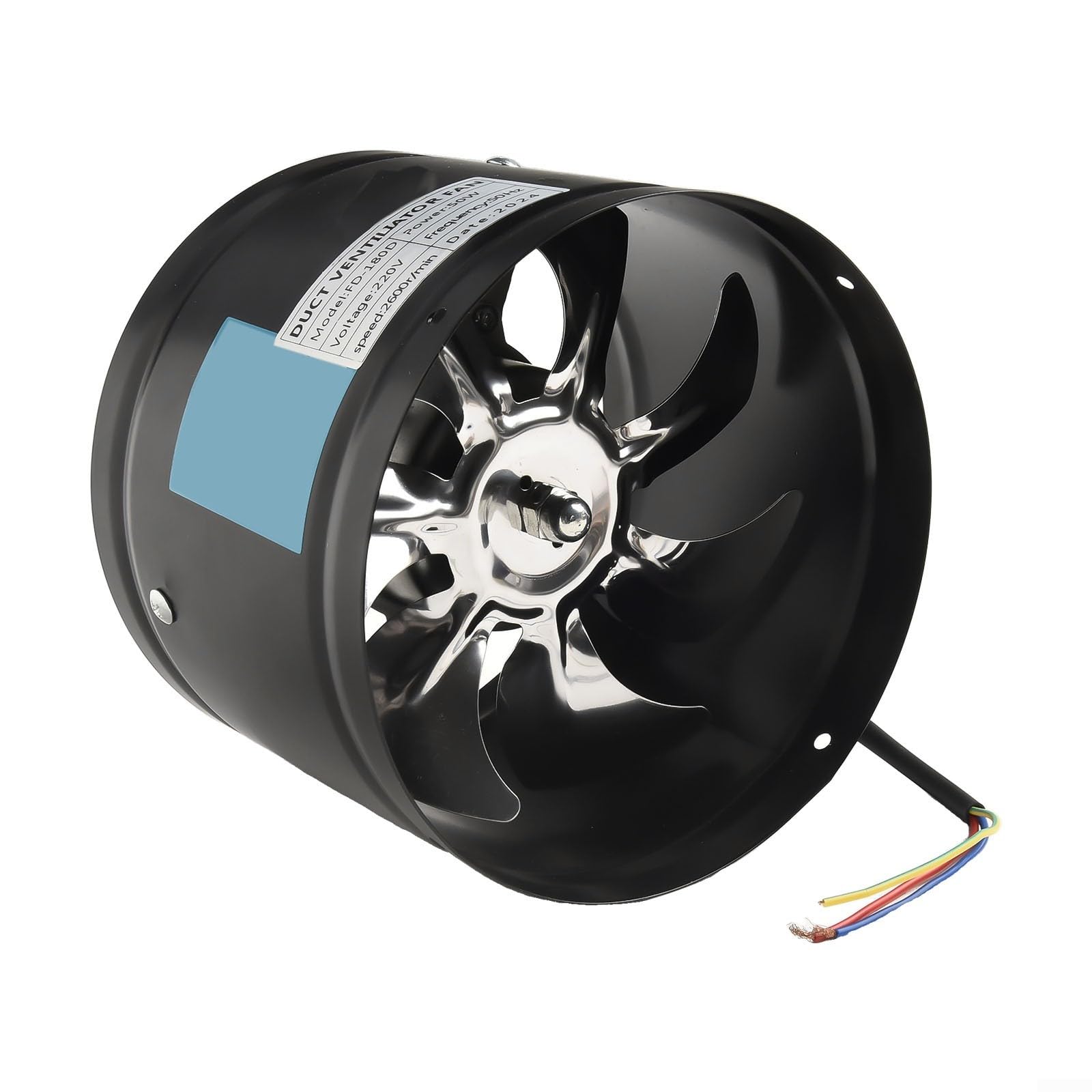 Inline-Abluftventilator 180 mm Durchmesser für effiziente Rauchabfuhr und Wärmeableitung, 4,0 Kubikmeter pro Minute Luftvolumen, 2800 U/min Betrieb (schwarz)