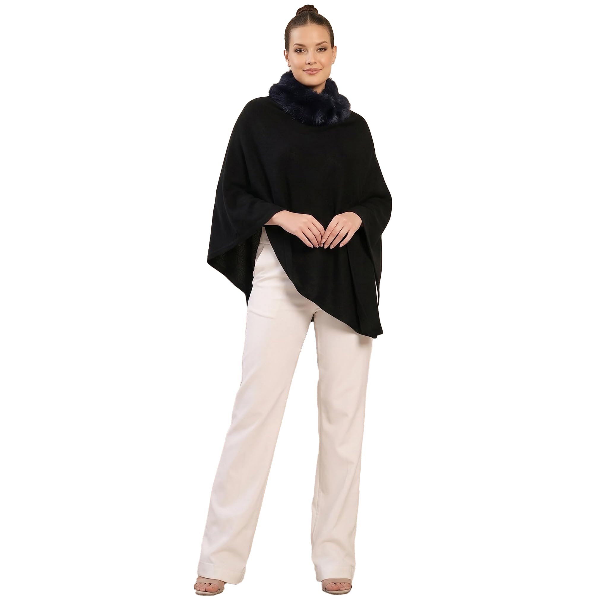 first resort Black Asymmetrical Fur Collar Cashmere Poncho-picture-21