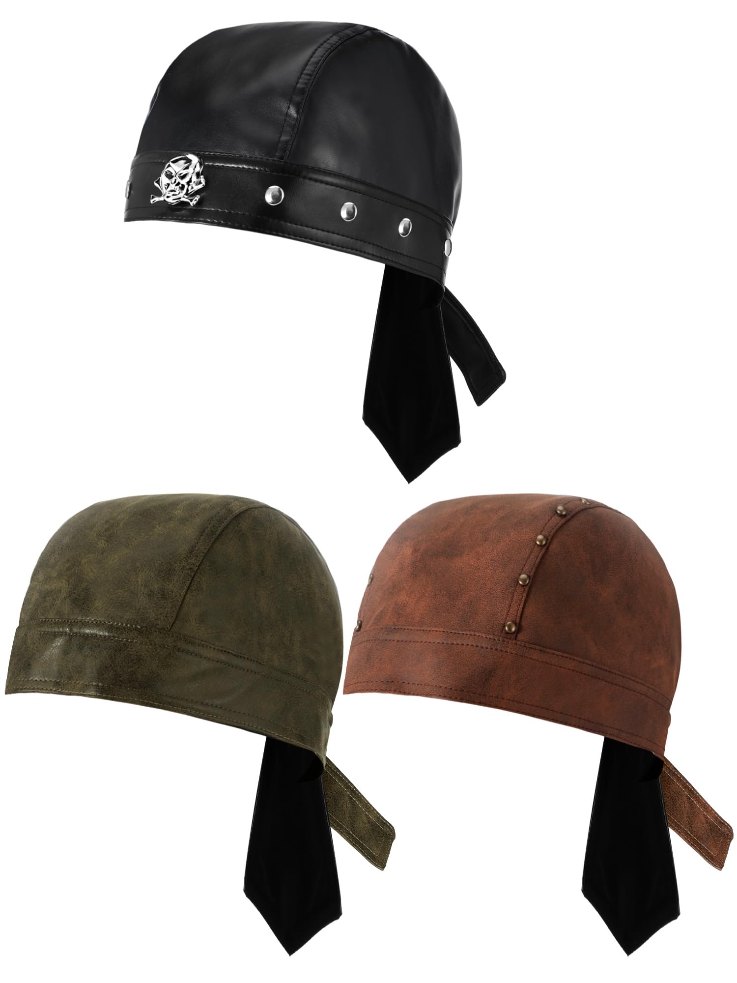 3 Pcs Leather Biker Cap Adjustable Skull Cycling Bandana Studded Unisex Motorcycle Headwrap Black Hats for Women Men
