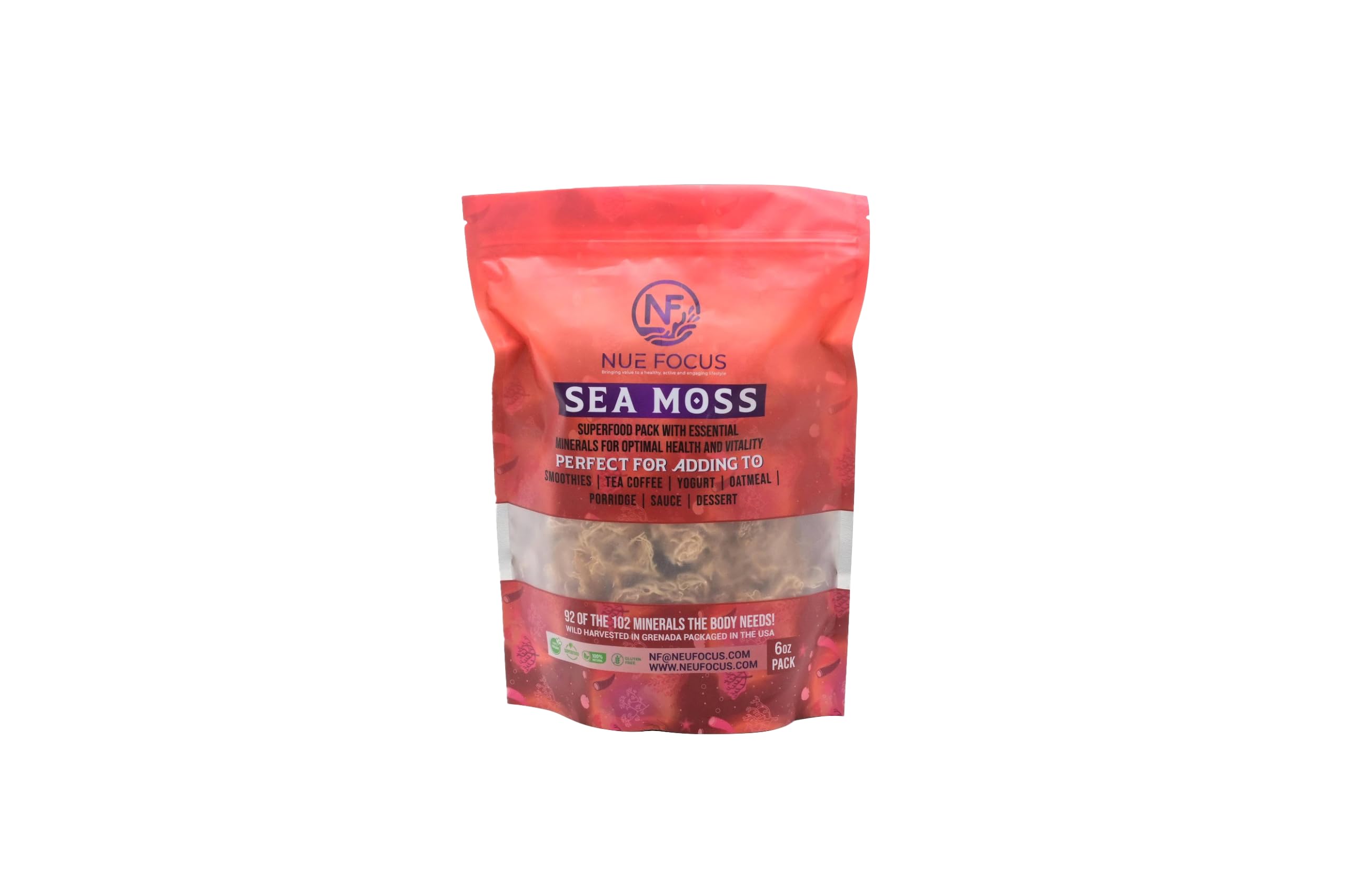 NUE FOCUS Dry Sea Moss, 6oz bag, Harvest in Grenada, Superfood - Harness 92 Essential Minerals for Optimal Health and Vitality