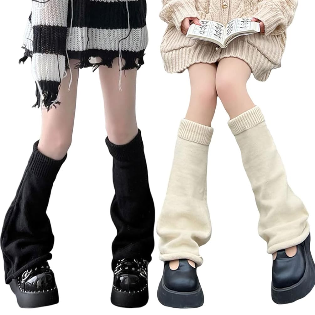 Youlike Women's A.black & Beige 2 Pairs Knitted Long Leg Warmers For Girls - Winter Boot Cuffs Warm Knee Warmers - Thermal Legwarmers Punk Knee High Stockings Boots Cuff Warmer (A.black & Beige)