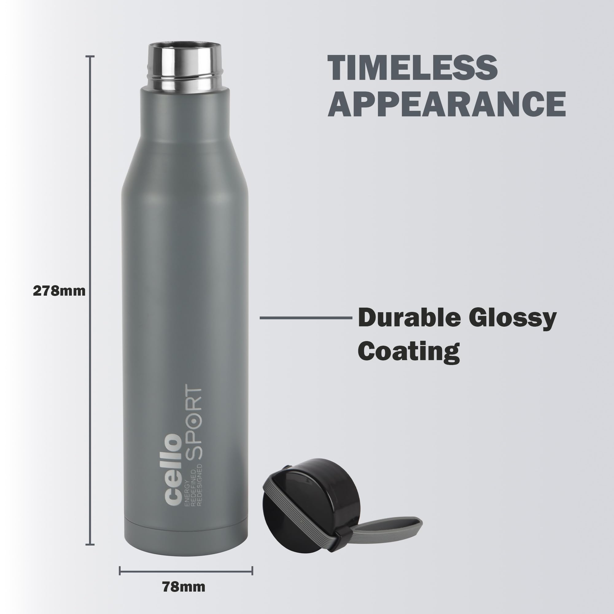 Cello Maestro - Termo de acero inoxidable aislado al vacío, botella de agua fría y caliente con tapa de rosca, botella de agua de doble pared para deportes, gimnasio, al aire libre, viajes, gris, 750