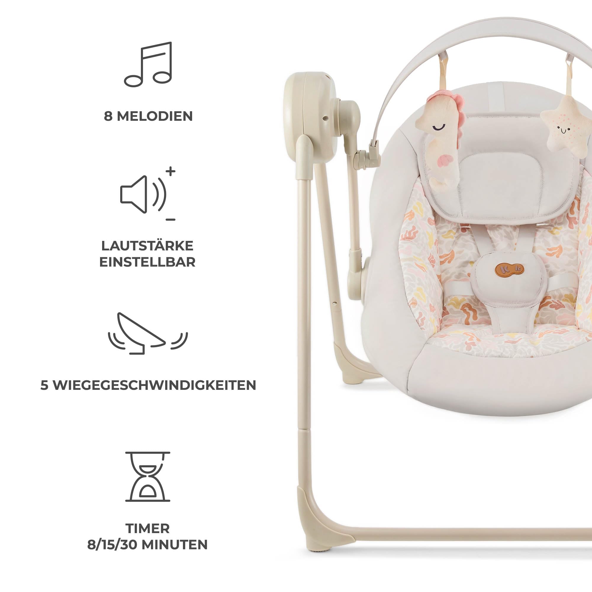 Kinderkraft SWINGEE Elektrische Babywippe, mit Schwingfunktion, eingebauter Timer, verstellbare Rückenlehne, 8 integrierte Beruhigungsmelodien, leicht und klappbar, Beige