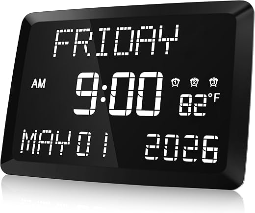 Raynic Digital Clock, 11.5 Large Display Calendar Clock with Day and Date, Indoor Temperature, Adjustable Brightness, Snooze,12/24H, DST for Home, Office, Elderly