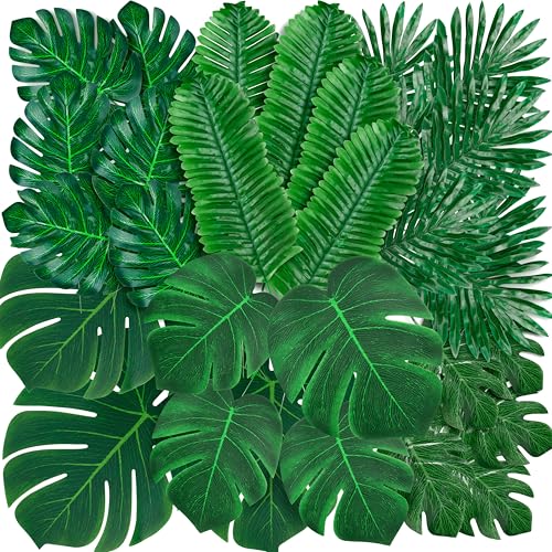 Palonu 110 Pcs Artificial Tropical Palm Monstera 7 Kinds Large Small Fake Palm Leaf with Stems for Safari Jungle Hawaiian Luau Party Table Decoration Wedding Birthday Theme Party (Green)