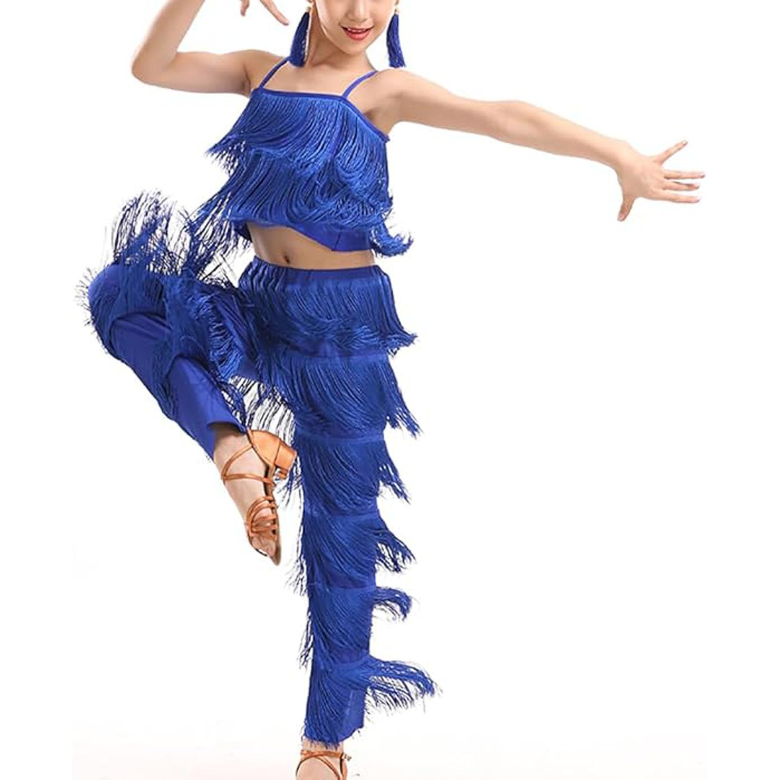 Vestito Ballo Latino Americano Bambina Set 3 Pezzi Top Senza Maniche con Pantaloni a Frange e Orecchini Costume Danza Vestiti Ballerine Abbigliamento Completo da Pratica per Cha Cha Esibizione
