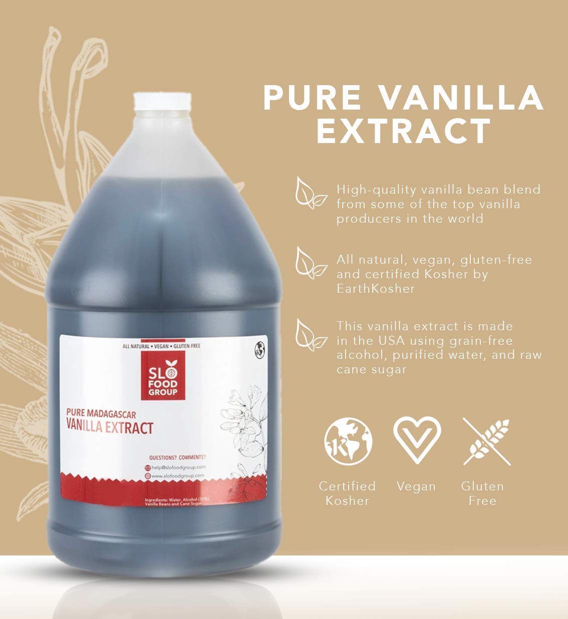 Slofoodgroup - Pure Vanilla Extract - (128 fl. oz/ 1Gallon) - Made from Premium Vanilla Beans from Madagascar, Uganda, and Papua New Guinea - For Cooking and Baking