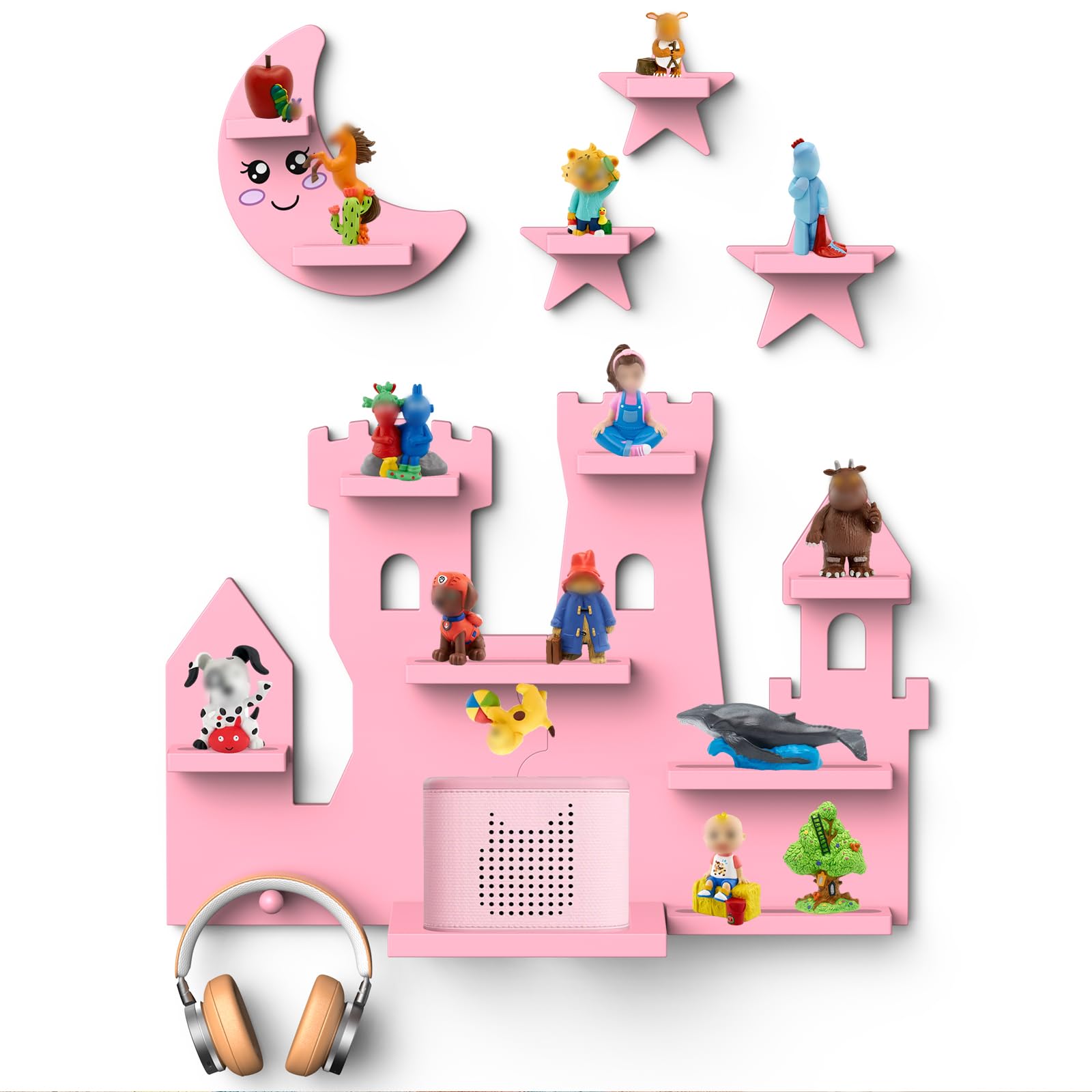BORISI Wandregal für Toniebox 1 & 2, Holz Rosa, für 30+ Tonie Figuren | 12 mm Holz, Magnethalterung, Kabelkanal, Kopfhörerhaken, inkl. Namenssticker, Geschenkidee