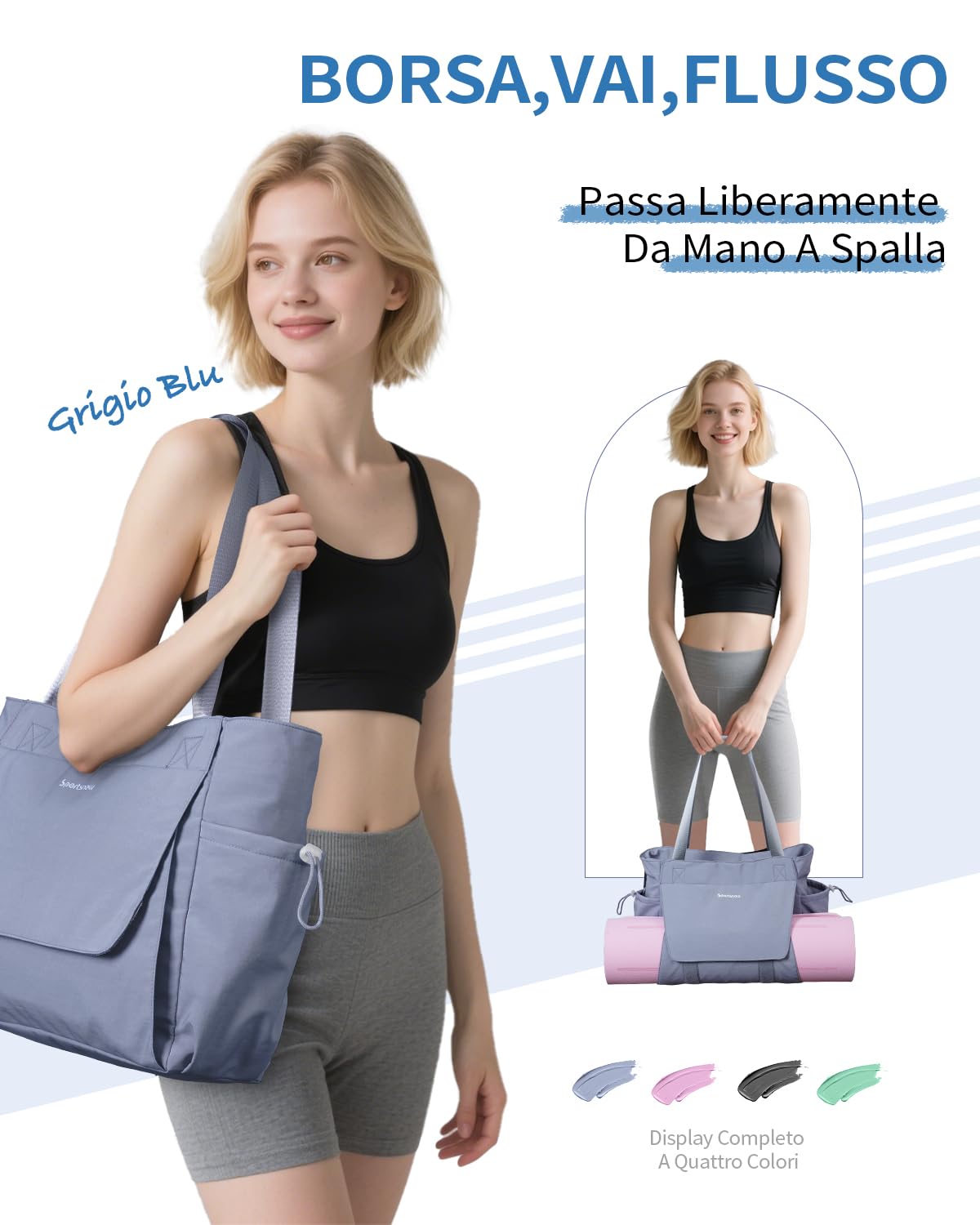 sportsnew Borsa Yoga con Tappetino Borsa Sportiva Unisex con Tasca Impermeabile Tote Grande con Zip Leggera e Capiente per Fitness e Palestra Fino a 10mm di Tappetino Yoga