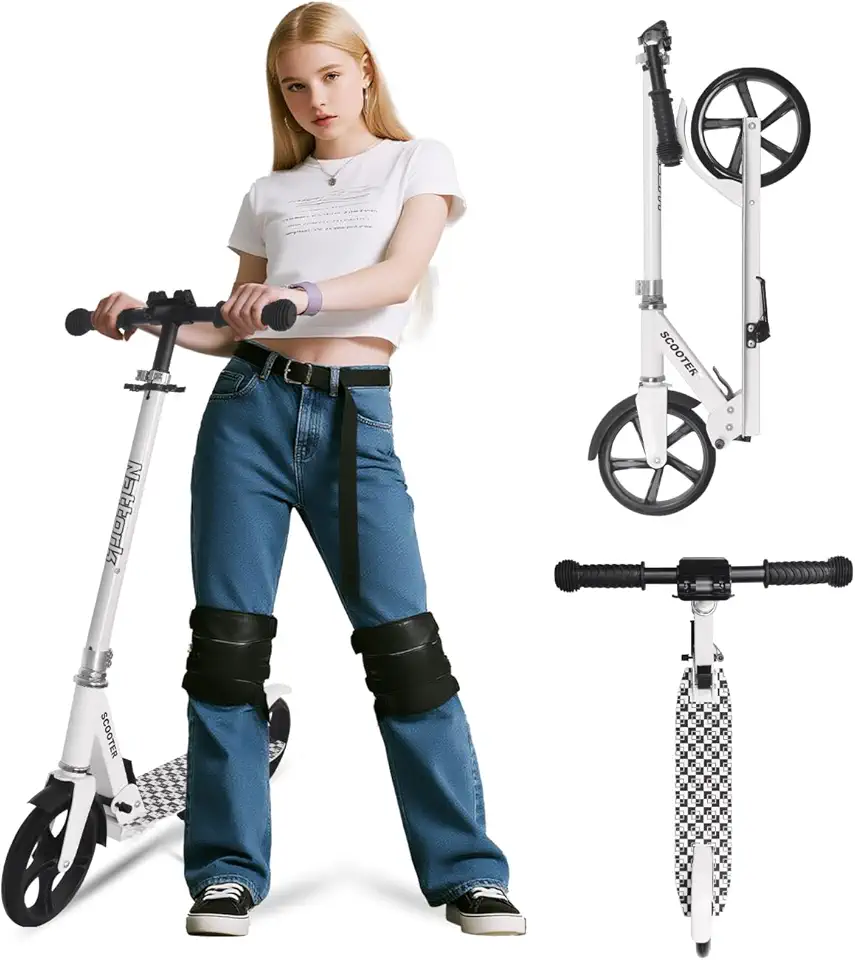 Nattork Patinete para meninos e meninas, portátil, leve, design dobrável, sistema de amortecimento e guidão de altura ajustável, resistente e durável, macio, para meninos e meninas de até 99,8 kg