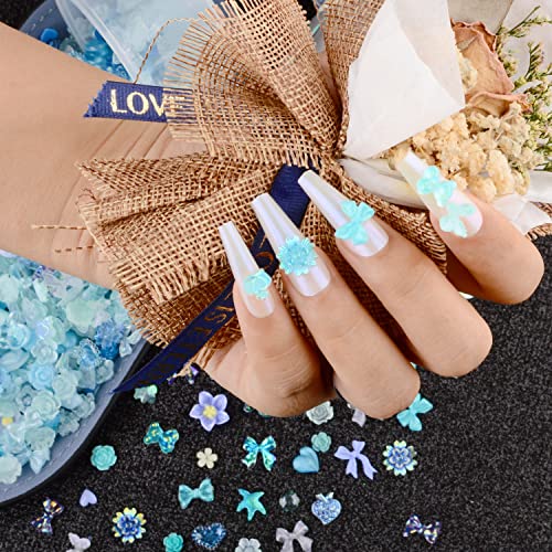 Umillars 3D Blue Flowers Nail Art Charms Rhinestones Kit,Acrylic Camellia Rose Flower Butterfly Bowknot Crown Heart Bear Rabbit Charms For Nail Art Designs Diy Accessories Craft #TOP6