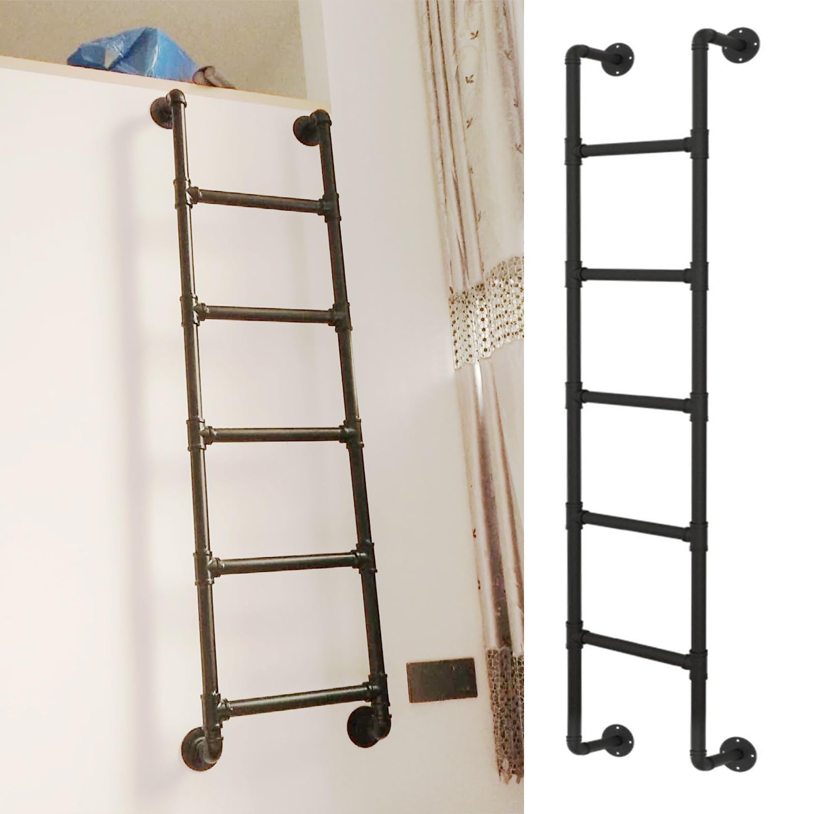 BYFSRUS WallMounted Ladder HeavyDuty Metal Loft Ladder SpaceSaving Double Step Ladder Supports 330 lbs Ideal for Attics & Dorms 4.1FT/1.25M/49.2IN (Black)