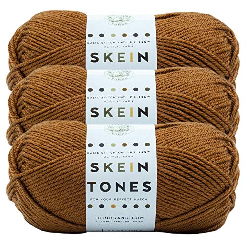 Lion Brand Yarn Basic Stitch (“Skein Tones”) Anti-Pilling Knitting Yarn, Yarn For Crocheting, 3-Pack, Truffle #TOP16