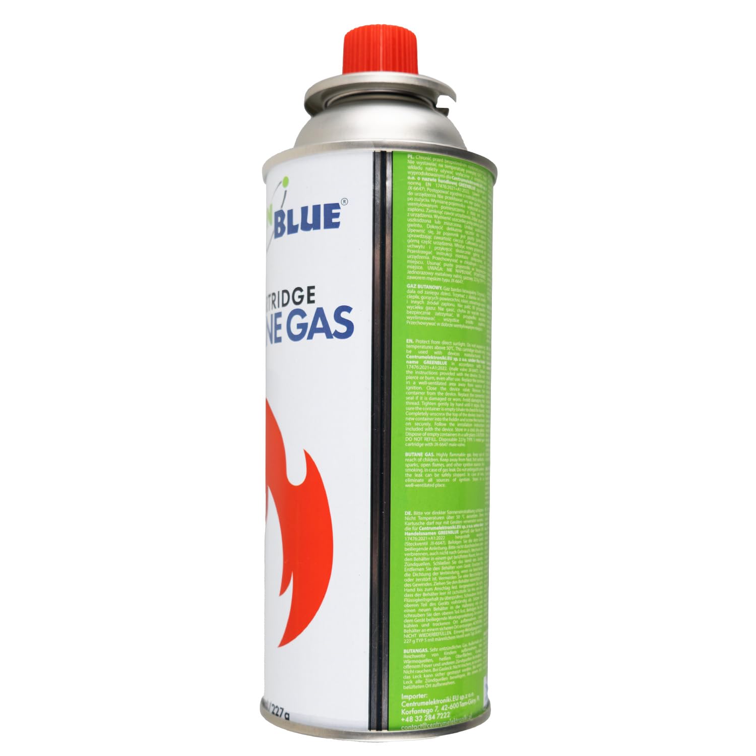 Green Blue GB227 Gaskartusche 227 g (386 ml) Butan, EN417, mit Gewinde, automatisches Ventil, wiederverwendbar, für Campingkocher | Einsatzbereich: -10 °C bis +40 °C (56, farblos)