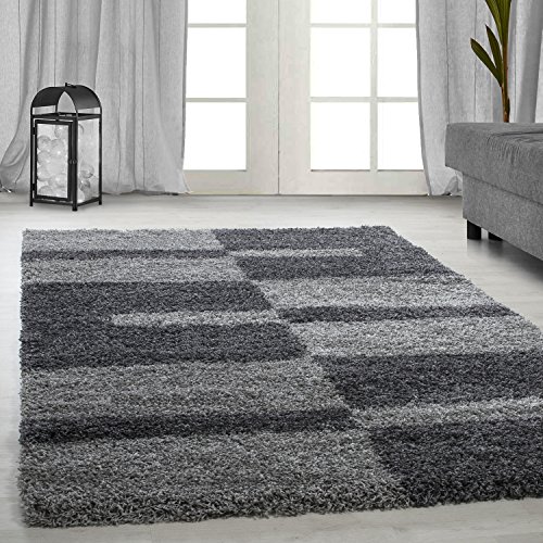 Carpetsale24 Teppich Wohnzimmer Moderne Kariert Design Shaggy Flokati 140 x 200 cm Grau - Hochflor...