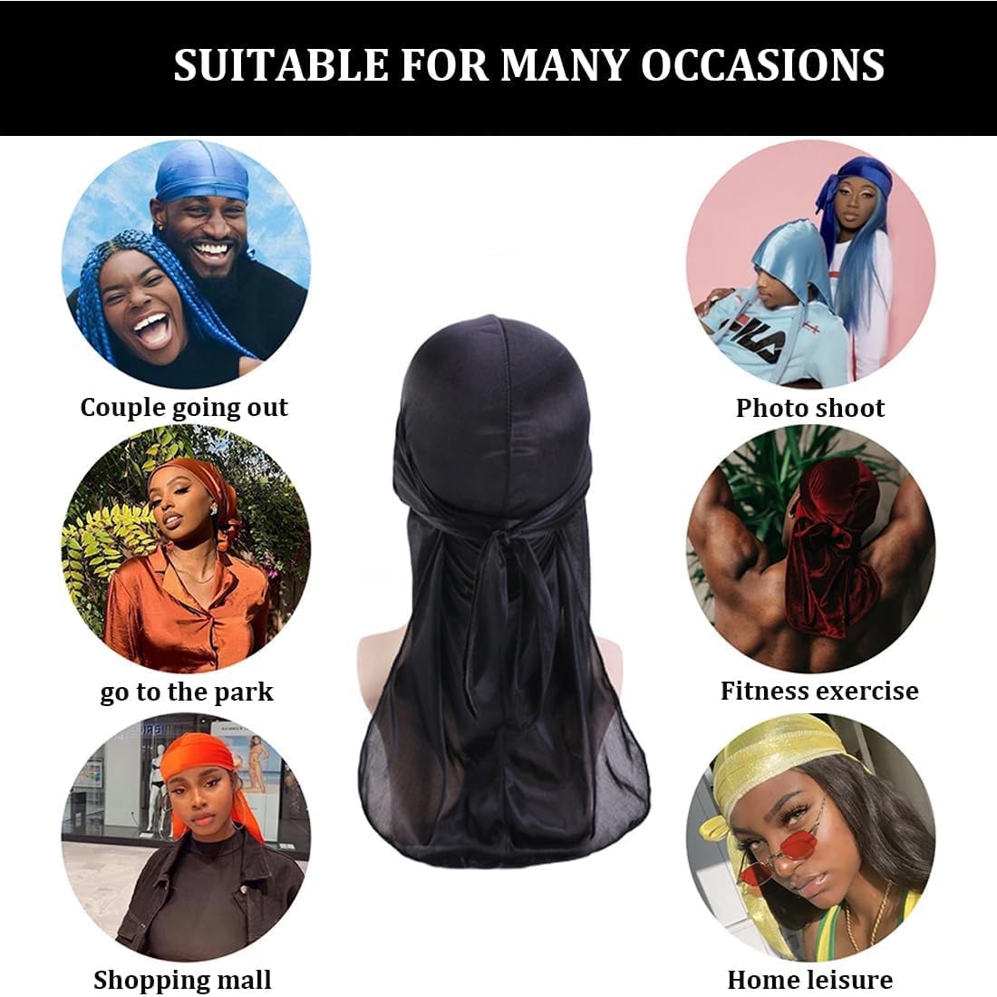 3 Pezzi Fasce Lunghe Durag per Capelli, Unisex, per Stile Hip-Hop, Protezione dal Sole, Colori: Rosso, Nero, Bianco