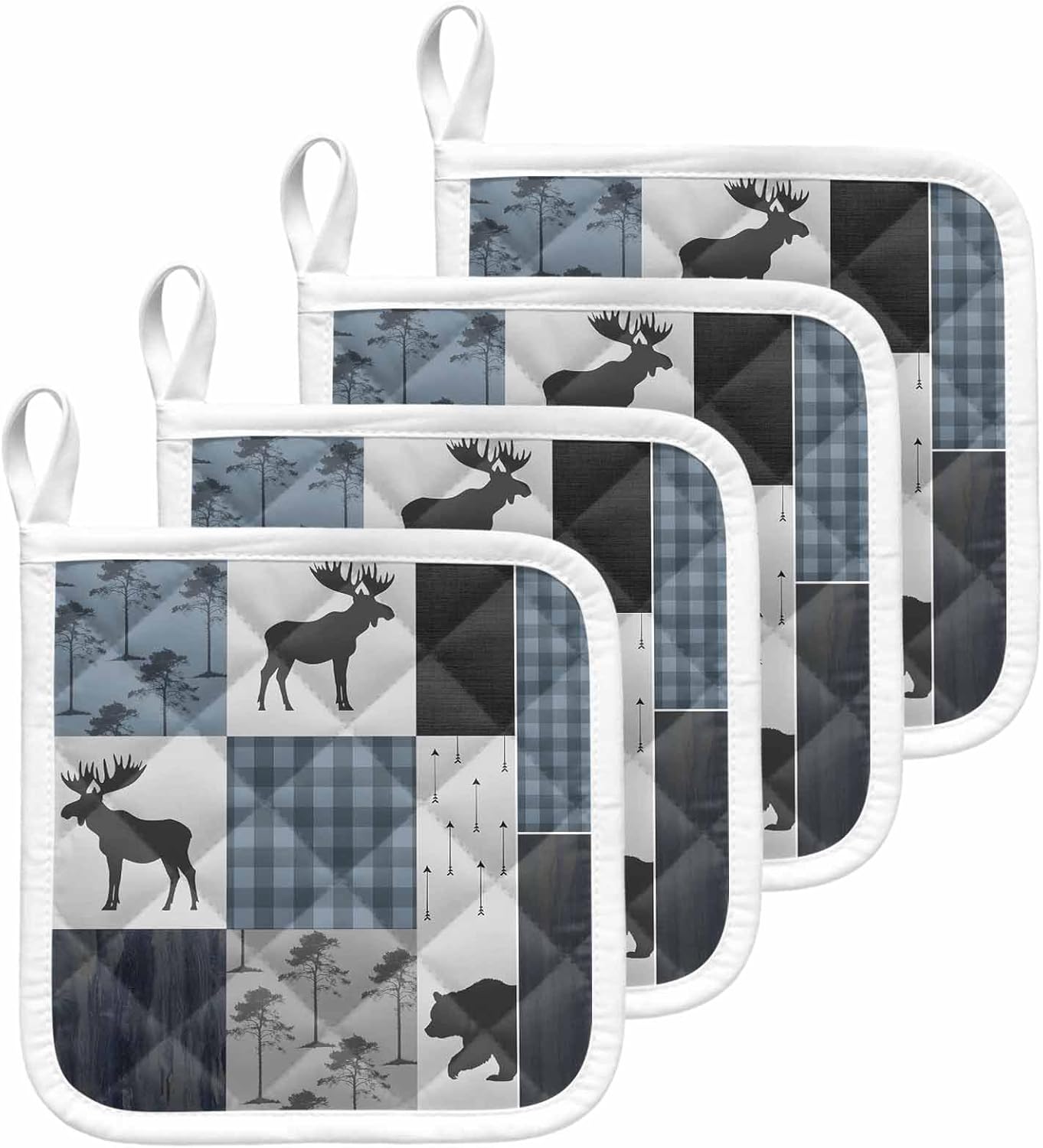 4 Pack Pot Holders for Kitchen,Rustic Woods Moose Bear Blue Buffalo Plaid Heat Proof Potholder Hot Pads Trivet,Field Forest Retro Animal Wood Grain Washable Coaster Potholders for Cooking Baking